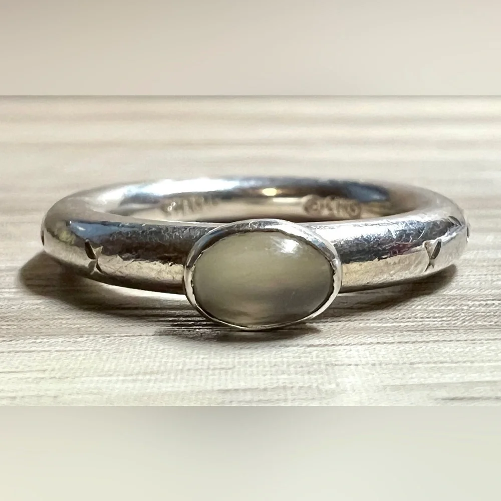 Vintage Designed Signed GK Sterling Silver Moonstone Cabochon Ring, Size 5.5